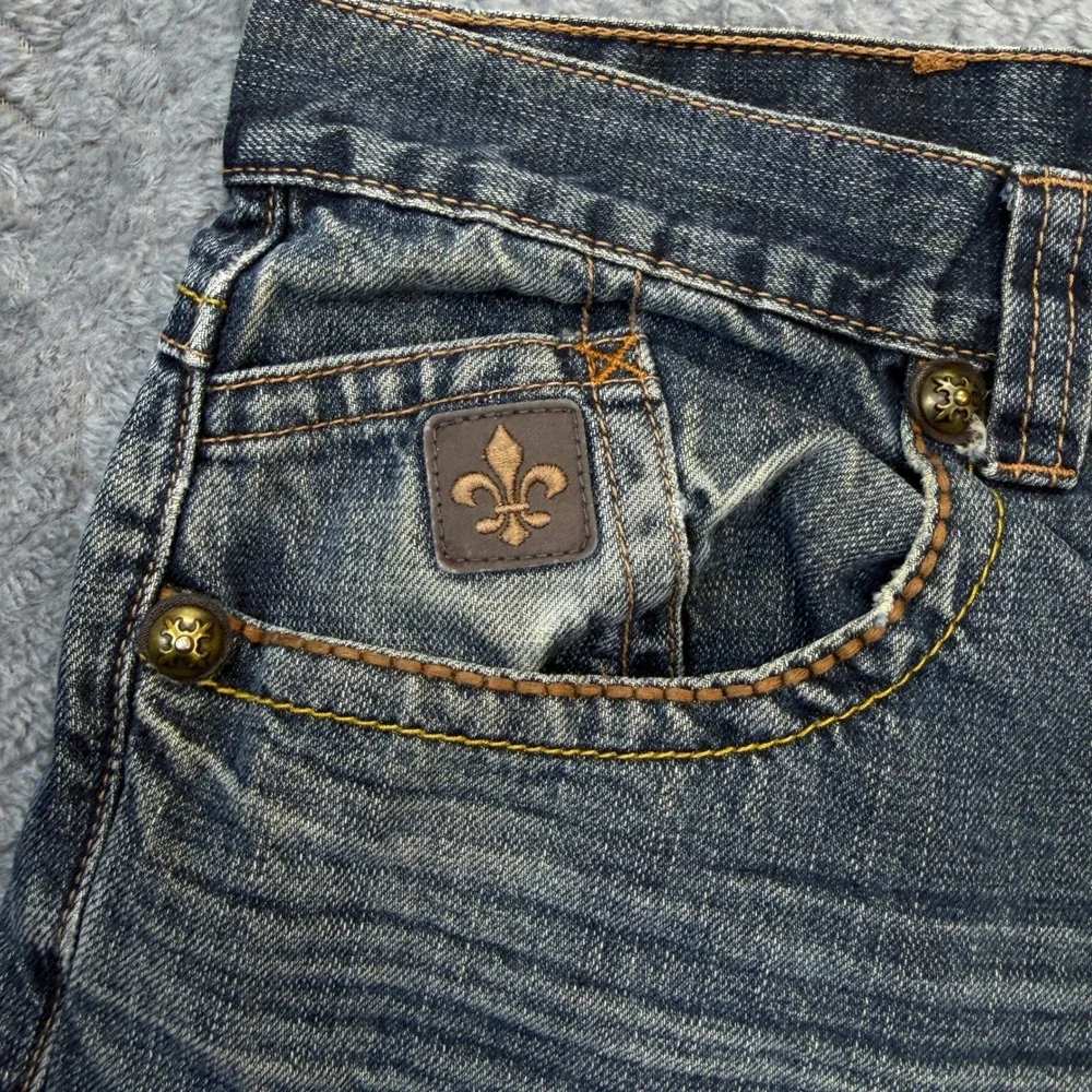 TM Exposure Jeans Mens 38x29 Blue Denim Y2K Fleur De Lis‎ Streetwear Rivets